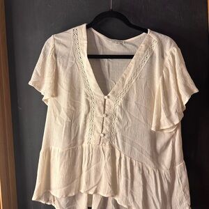 Eyeshadow white V-Neck Lace-Trim Peplum Blouse